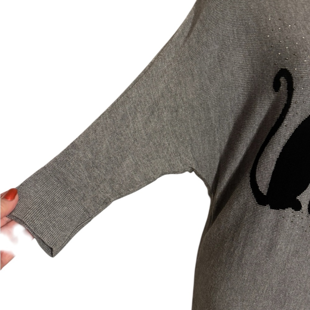 WHBM Gray Lightweight Sweater w/Black w/Rhinestone Collar Cat Silhouette  SM #K - Picture 3 of 9